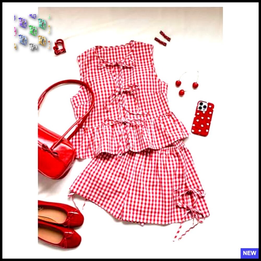 Plaid Gingham Bow Tie Front Ruffle Tank Top Wide Leg Shorts Set Summer - Picture 4 of 5